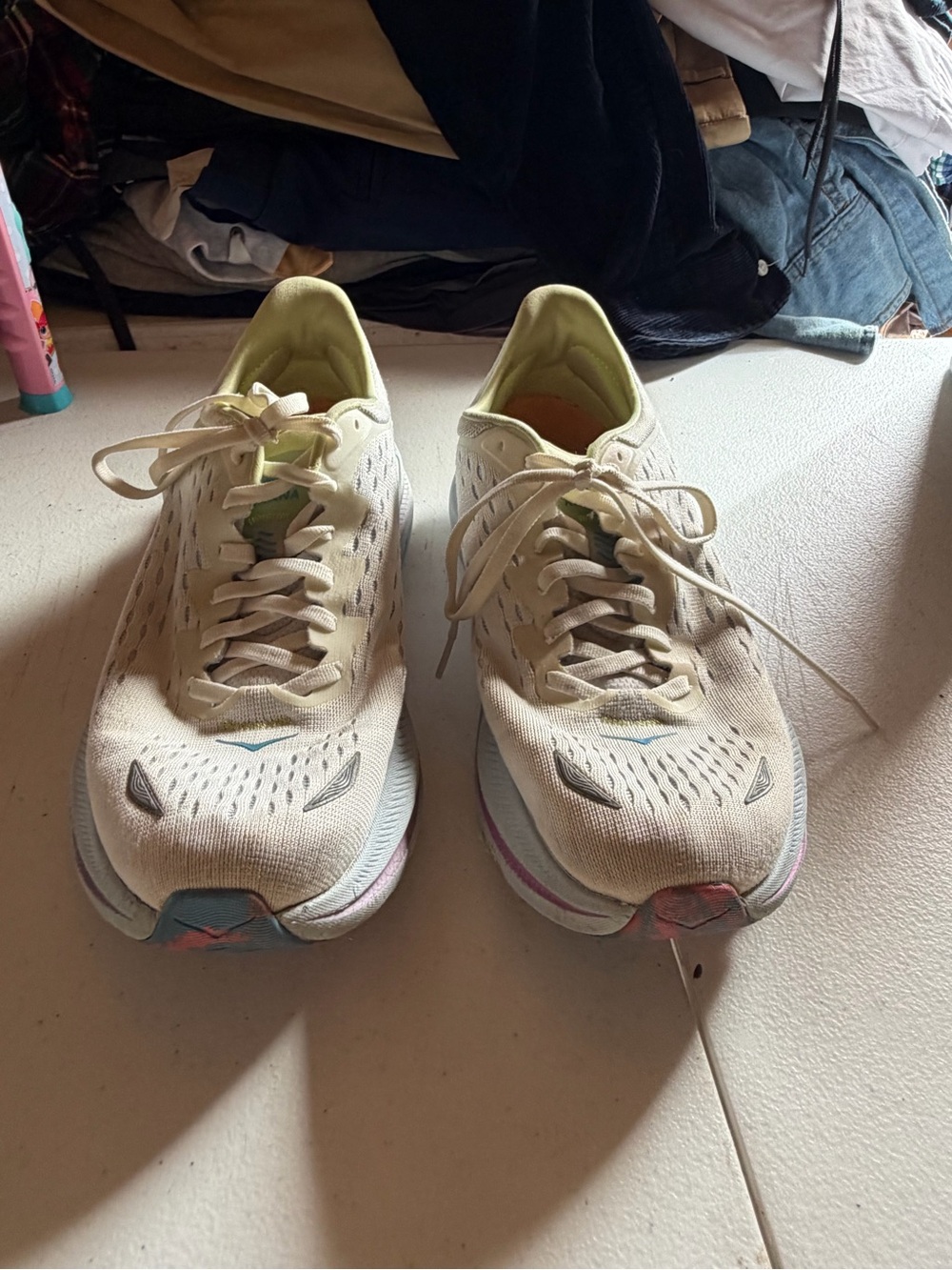 Hoka Women's Cream Running Shoes with Blue Logo and Light Green Lining - Picture 2 of 5
